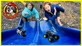 MONSTER TRUCKS PLAY AT THE PARK 🛝 Wonder Woman & Batman Rescue Monster Jam Minis from Darth Vader