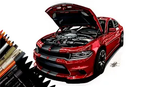 Realistic Car Drawing - Dodge Charger SRT Hellcat - Time Lapse - Drawing Ideas