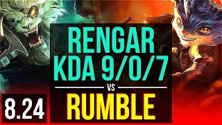 RENGAR vs RUMBLE (TOP) | KDA 9/0/7, Legendary | Korea Master | v8.24