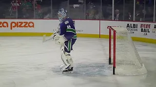 Utica Comets goalie Michael DiPietro warms up 11/23/19