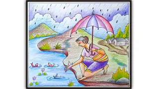 A Picture of Rain|How to draw & Colour varsha rutu|Picture composition|વર્ષાઋતુ| वर्षाऋतु|