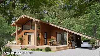 45'x32' (14x10m) Relax In A Cozy Wooden House With 2 Bedrooms | Small House Design With Floor Plan