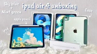 ASMR iPad Air 4 (mint + sky blue) unboxing + apple pencil 2, accessories + setting up📦🍎🌹