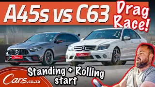 New A45S AMG vs Old C63 AMG! Rolling and standing start, huge V8 vs 2.0L, AWD vs RWD