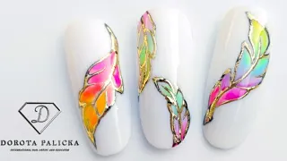 Ombre feather nail art with gel polish and gold transfer foil using D'Liner fine line nail art brush