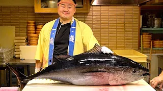 Japanese Food - GIANT BLUEFIN TUNA DEMOLITION FISH SASHIMI in Tokyo Japan