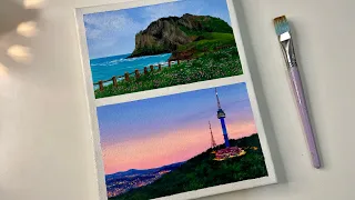 Beautiful sunset by Namsan Seoul tower / South Korean attraction/ acrylic painting tutorial