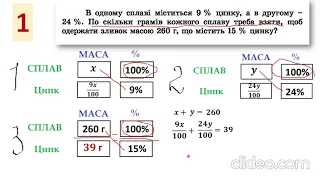 Розв'язування задач на сплави та розчини за допомогою систем рівнянь. 7 алгебра