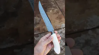 Multibar Pattern Welded Damascus Integral Knife with Mammoth Ivory Core Handle.