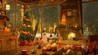 4K Snow Night on Window at Christmas Coffee Shop Ambience ☕ Relaxing Jazz Music to Relax/Study to