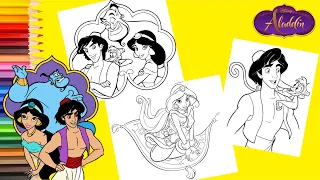 Coloring Disney Aladdin Princess Jasmine Abu & Genie - Aladdin Coloring Pages