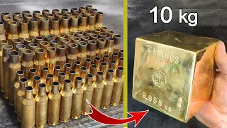 Casting huge cube - Melting cartridge cases. Trash to treasure- ASMR brass casting