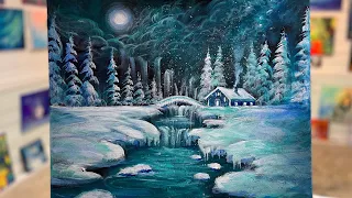 Cozy Winter Cabin /acrylic PAINTING TUTORIAL/ Step By Step 🎨How To Paint Snowy Trees & River