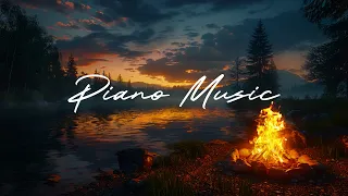 Campfire by the River at Night Ambience | 8 Hours Crackling Fire, Piano Music - Nature Sounds
