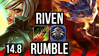 RIVEN vs RUMBLE (TOP) | Quadra, 67% winrate, 6 solo kills, 42k DMG, 14/5/15 | TR Master | 14.8