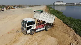 New Project is processing !!! Construction Road widening  KOMATSU Dozers pushing soil rock & Truck5T