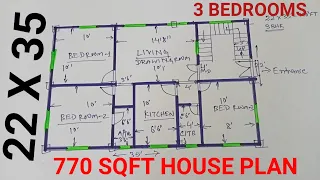 770 sqft house design with 3 bed rooms | 22 x 35 house plan | 770 sqft ghar ka naksha | 22*35