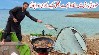 Fish Catching And Cooking in Heavy Rain On Mangla Dam | Camping in Heavy Rain