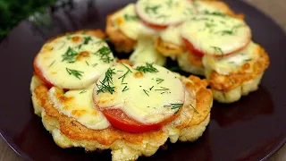 Cauliflower steak with tomatoes and cheese. Simple and delicious recipe!