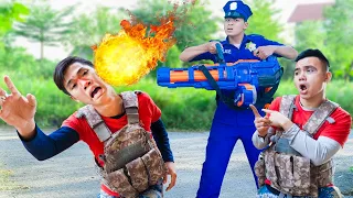 Battle Nerf War: POLICE COMPETITION Nerf Guns Two Idiots BALL FUNNY BATTLE NERF