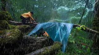 Thunder and Heavy Rain Camping | Survival Broken Tree Shelter