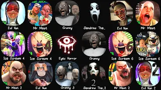Evil Nun, Granny, Slendrina, Eyes Horror, Mr Meat, Ice Scream 4, Granny 3, Evil Nun 2, Ice Scream 6.