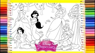 Disney Princess Jasmine Cinderella Belle Snow white Aurora and Ariel Coloring Page for kids