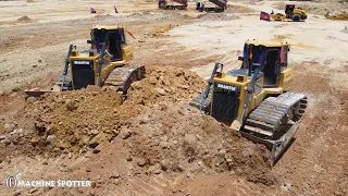 Great Action Shantui Bulldozer Heavy Working to Push Dirt and So Awesome Dump Truck Unloading Dirt