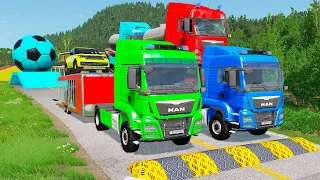 Double Flatbed Trailer Truck vs Speedbumps Train vs Cars | Tractor vs Train Beamng.Drive 059