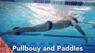 Swimming freestyle position. Pullbouy and paddles