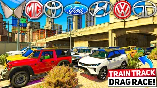 GTA 5: INDIAN SUVs & SEDANs CARS 🚂TRAIN TRACK DRAG RACE 🔥 GTA 5 MODS! GTA 5 INDIAN CARS!