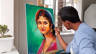 Beautiful Indian married woman face portrait drawing and painting