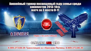 03.05.2024 ОЛИМПИЯ - СТАЛЬНЫЕ СОВЫ LIVE 14:00, 2013-14 гр (U-11)МАТЧ ЗА 3 МЕСТО (с комментатором)