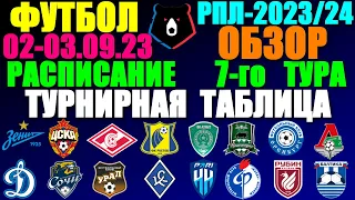 Футбол: Российская Премьер лига-2023/2024. Расписание 7-го тура 02 - 03.09.23. Турнирная таблица