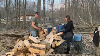 In The Woodyard, Rachel Running the Log Splitter, Splitting Ash Campfire Wood For Roadside Stand #28