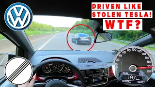 2021 VW up! GTI Topspeed Fight Against Crazy Tesla (Emergency Brake!) On German Autobahn 216 km/h!!!