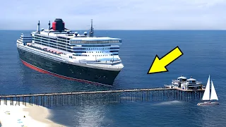 Queen Mary 2 Attacked By Dinosaur In GTA 5 (Queen Mary 2 Ship Crash Into Pier)