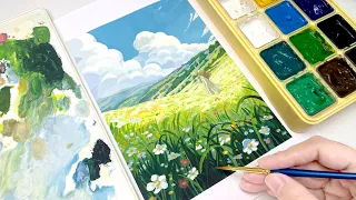 Studio Ghibli Painting / Gouache Landscape Tutorial / Paint with Me / Free Printable Sketch ⛰️☁️