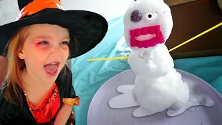 SNOWMAN inside our HOUSE!! Playing in Backyard Snow and pretend witch makeover for a Halloween Party