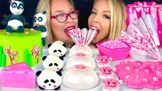 ASMR PANDA BAMBOO CAKE, EDIBLE FAN, CHERRY BLOSSOM EDIBLE FLOWERS MUKBANG 먹방 꿀벌