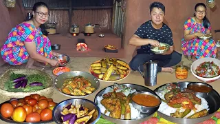 Nepali village recipe: Brinjal Masala Fry & Beans Dal with Rice Cooking & Eating in Village Kitchen