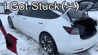 Tesla Model 3 Stuck in Deep Snow