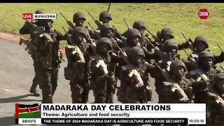 Troops march past presidential dias during the 61st Madaraka Day celebrations