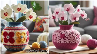 100+Crochet flower vase design model knitted with wool.Latest yarn knitted flower vase design ideas.