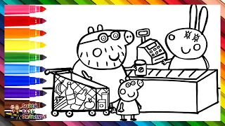 Drawing And Coloring Peppa Pig And Daddy Pig At The Supermarket 🐷🏪🛒💰🍎🍝🍾🌈 Drawings For Kids