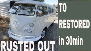 67 VW BUS rusted out to restored start to finish in 30 min   vw bus restoration full build