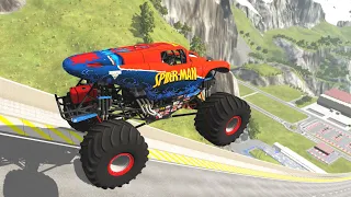 Monster Truck stunts, jumps, crashes, crushing cars, fails #2 - BeamNG Drive Game