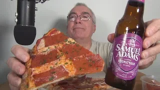 ASMR Eating lengthwise cut Pepperoni Pizza with Sam Adams and a Cannoli