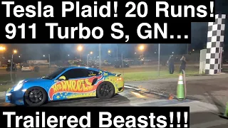 Tesla Plaid!! 20 Dragstrip runs!!! Wheelies! Chutes! Beasts on Slicks! Tuned 911 Turbo S! Cuda 440!