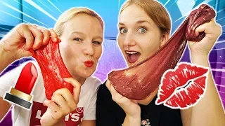 LIPPENSTIFT SLIME CHALLENGE - Nina VS Kathi - Wer macht Schleim in der jeweiligen Lipstick Farbe?